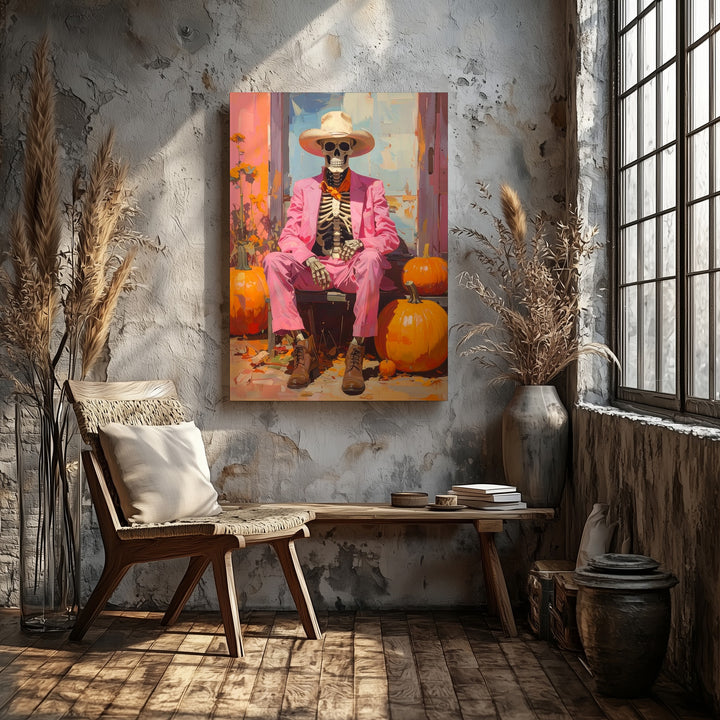 Bold Cowboy Skeleton Canvas – Pink Suit Halloween Art with Pumpkins - Gifitto