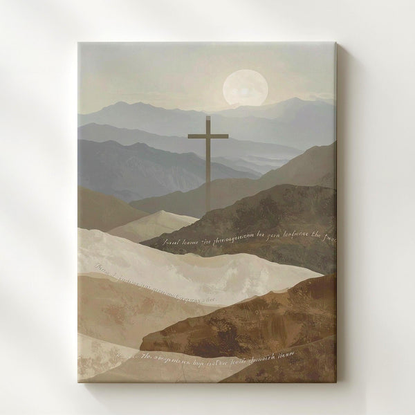 Cross Over Mountains Canvas – Minimalist Scripture Landscape in Tan Tones - Gifitto