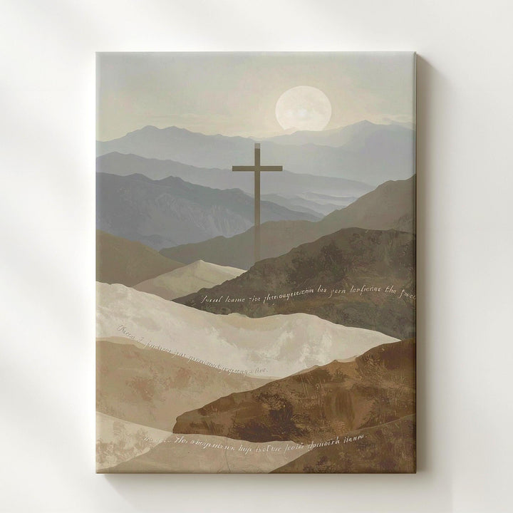 Cross Over Mountains Canvas – Minimalist Scripture Landscape in Tan Tones - Gifitto