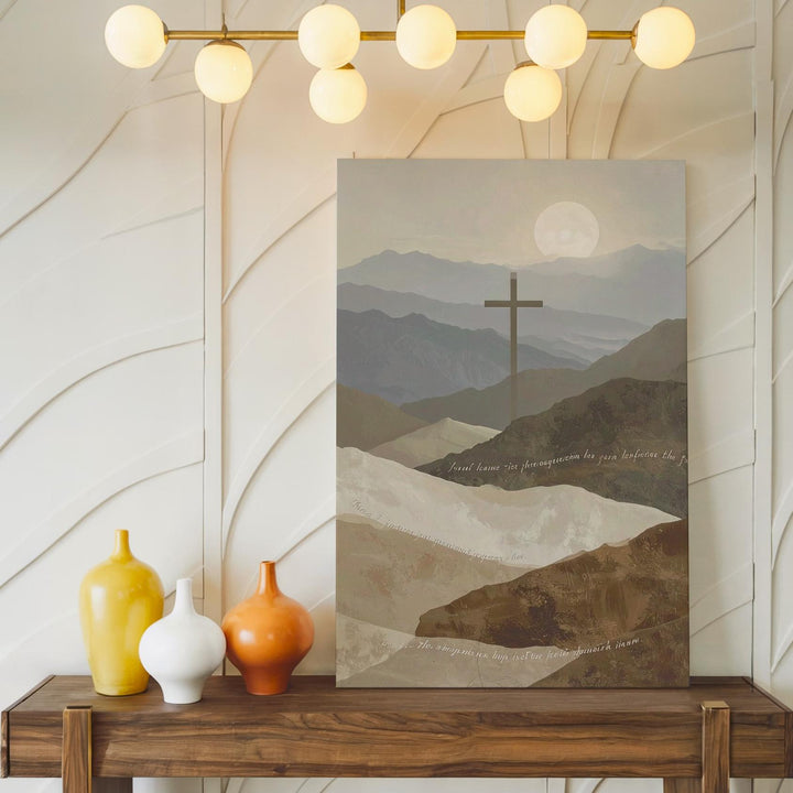 Cross Over Mountains Canvas – Minimalist Scripture Landscape in Tan Tones - Gifitto