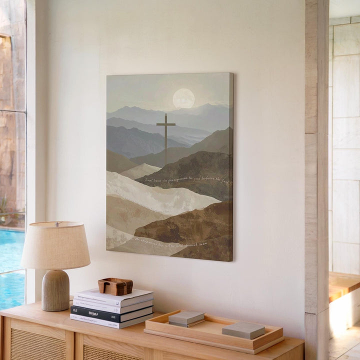 Cross Over Mountains Canvas – Minimalist Scripture Landscape in Tan Tones - Gifitto