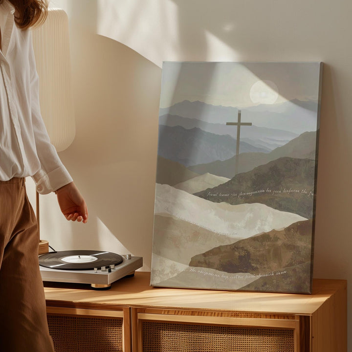 Cross Over Mountains Canvas – Minimalist Scripture Landscape in Tan Tones - Gifitto