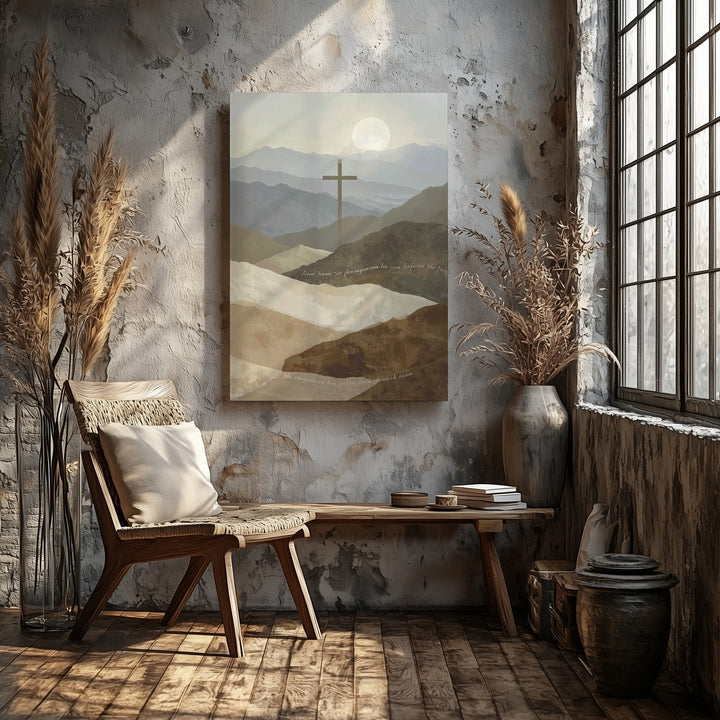 Cross Over Mountains Canvas – Minimalist Scripture Landscape in Tan Tones - Gifitto