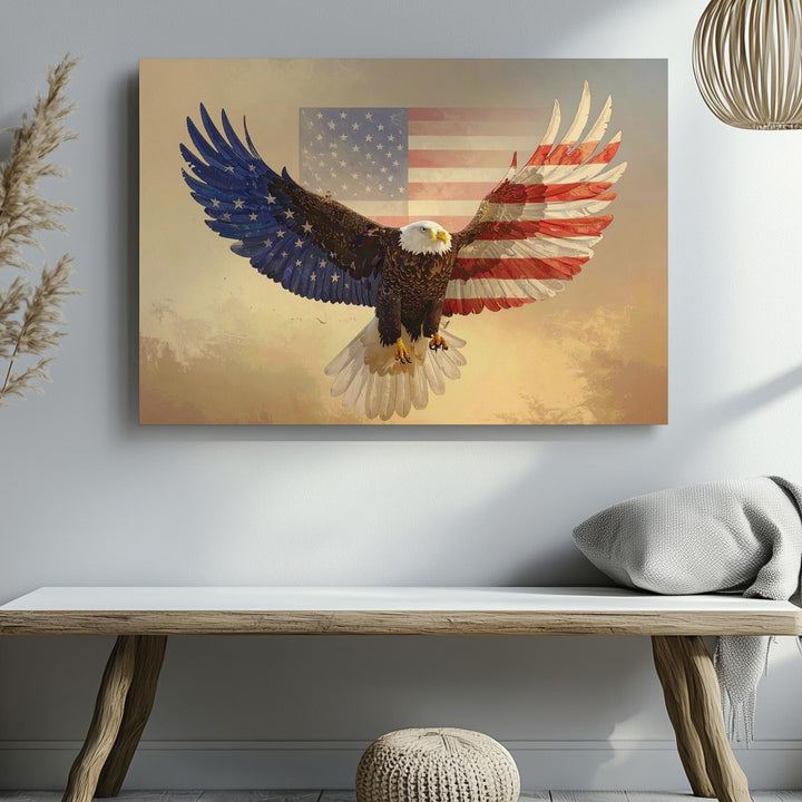 Stars & Stripes Eagle Canvas – Bold Patriotic Flight Wall Art - Gifitto
