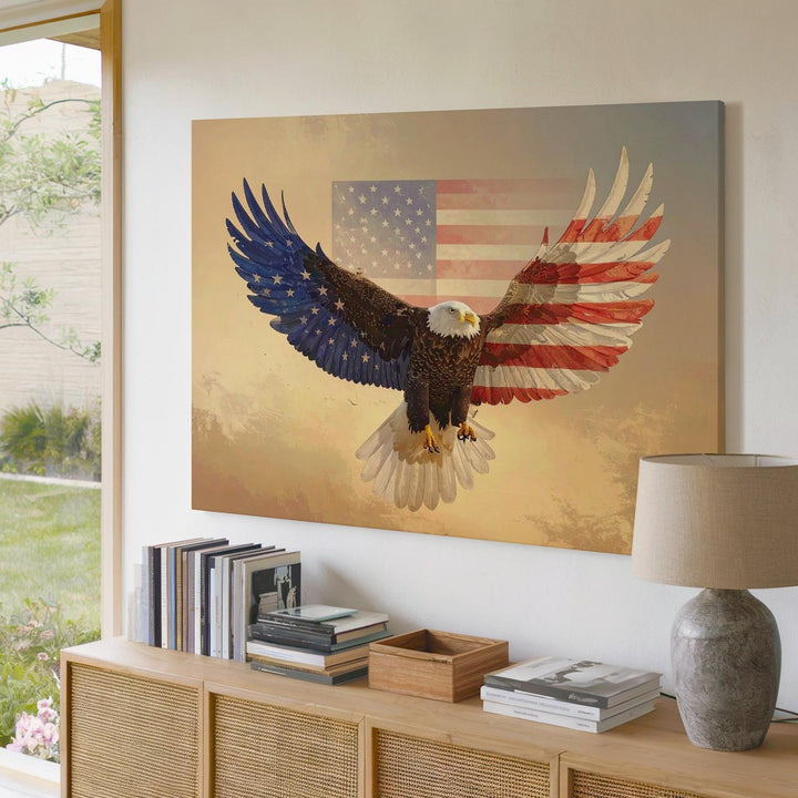 Stars & Stripes Eagle Canvas – Bold Patriotic Flight Wall Art - Gifitto