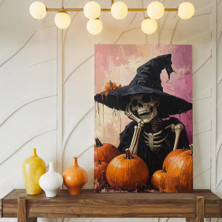Resting Witch Skeleton Canvas – Vintage Halloween Elegance Art - Gifitto