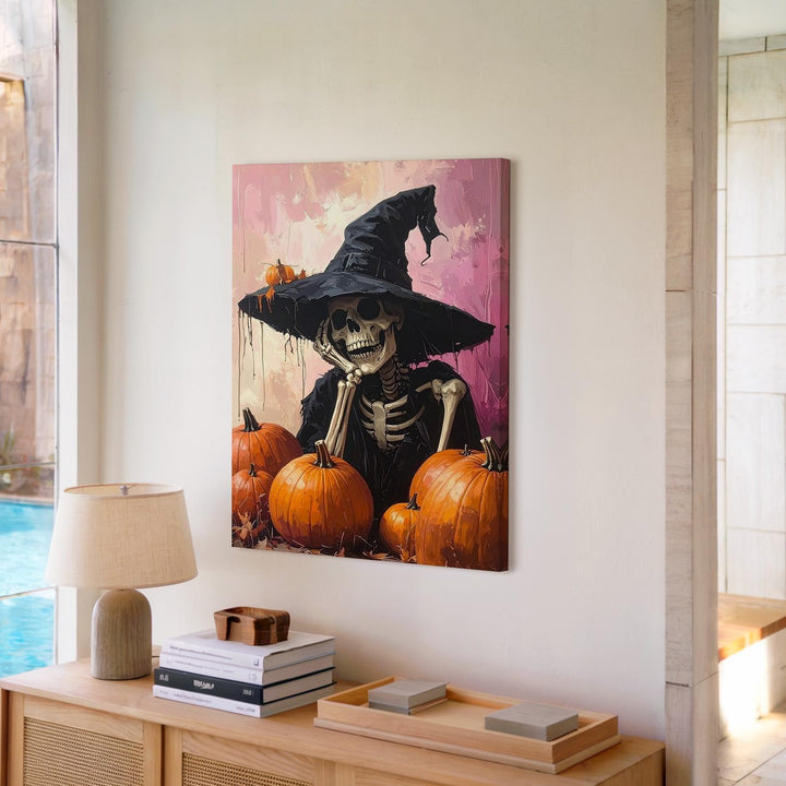 Resting Witch Skeleton Canvas – Vintage Halloween Elegance Art - Gifitto