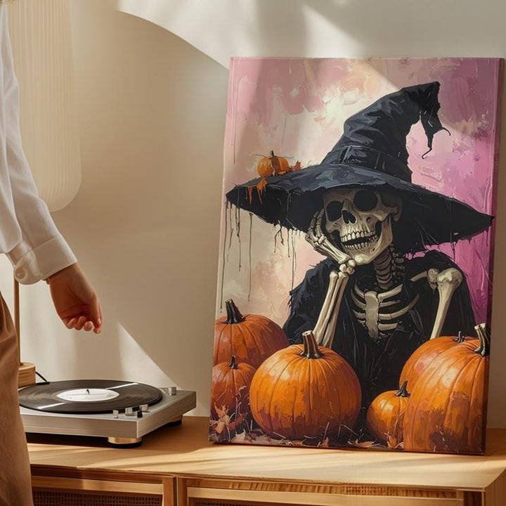 Resting Witch Skeleton Canvas – Vintage Halloween Elegance Art - Gifitto