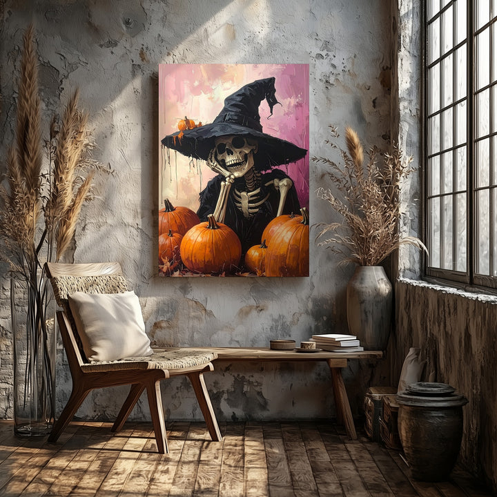 Resting Witch Skeleton Canvas – Vintage Halloween Elegance Art - Gifitto