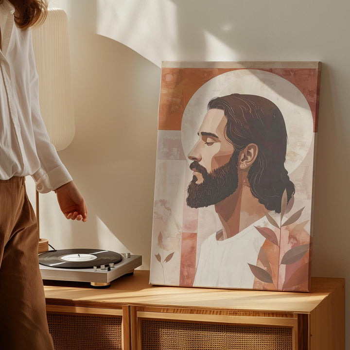 Stylized Jesus Profile Canvas – Minimalist Spiritual Portrait in Earth Tones - Gifitto