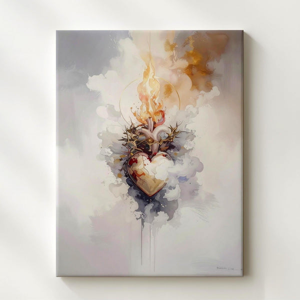 Stylized Sacred Heart Canvas – Ethereal Flames & Crown of Thorns Art - Gifitto