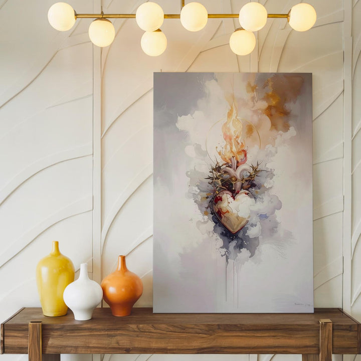 Stylized Sacred Heart Canvas – Ethereal Flames & Crown of Thorns Art - Gifitto