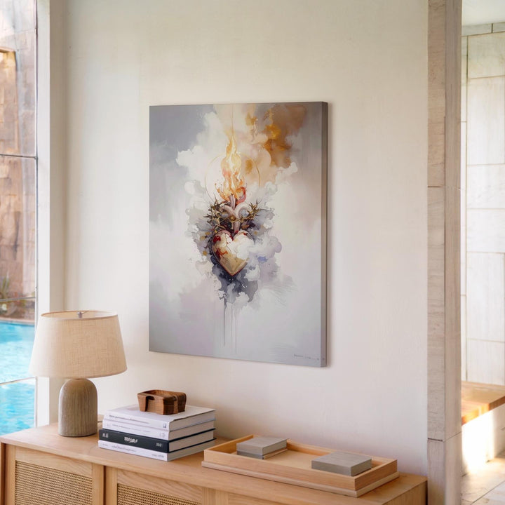 Stylized Sacred Heart Canvas – Ethereal Flames & Crown of Thorns Art - Gifitto