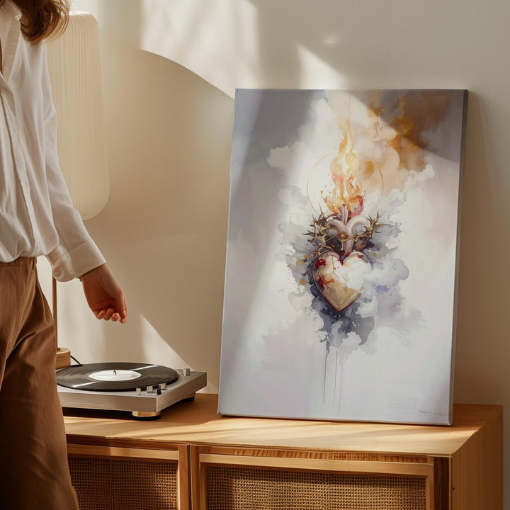 Stylized Sacred Heart Canvas – Ethereal Flames & Crown of Thorns Art - Gifitto