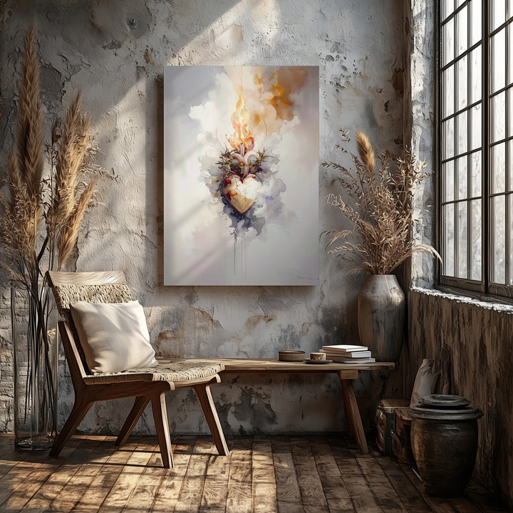 Stylized Sacred Heart Canvas – Ethereal Flames & Crown of Thorns Art - Gifitto