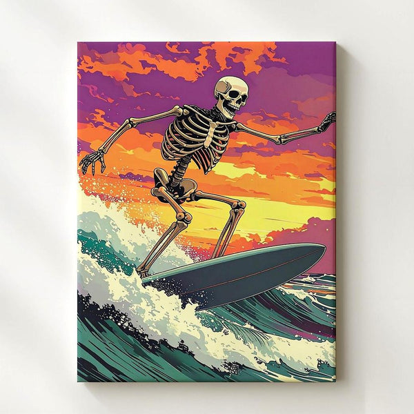 Stylized Skeleton Surf Canvas – Moody Orange & Purple Halloween Art - Gifitto