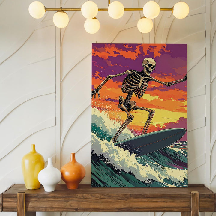 Stylized Skeleton Surf Canvas – Moody Orange & Purple Halloween Art - Gifitto