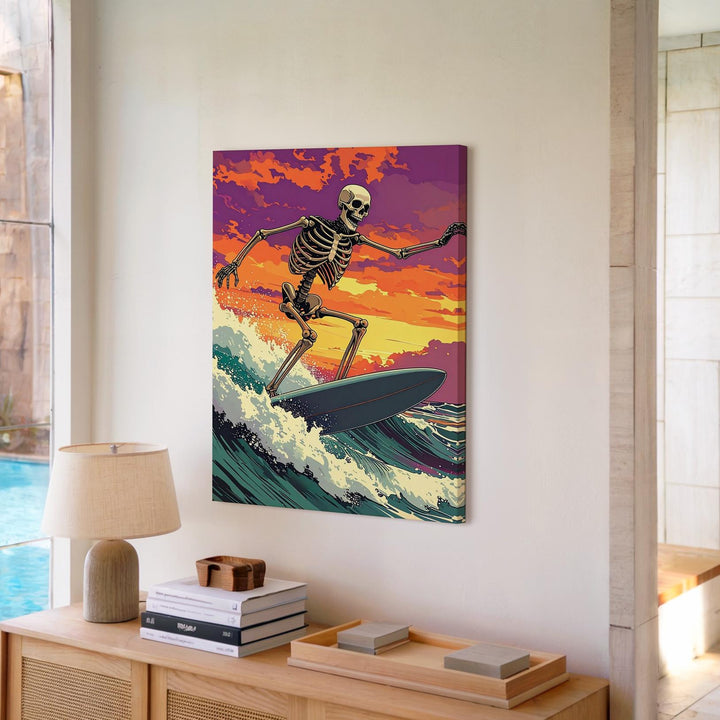 Stylized Skeleton Surf Canvas – Moody Orange & Purple Halloween Art - Gifitto