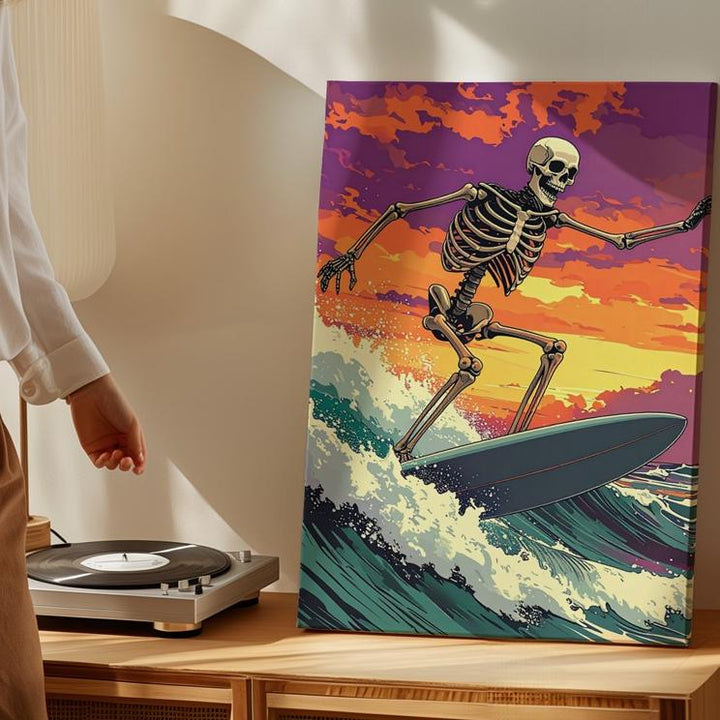 Stylized Skeleton Surf Canvas – Moody Orange & Purple Halloween Art - Gifitto