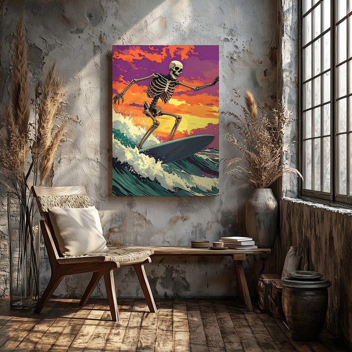 Stylized Skeleton Surf Canvas – Moody Orange & Purple Halloween Art - Gifitto