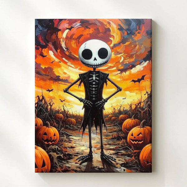 Confident Skeleton in Pumpkin Patch Canvas – Whimsical Halloween Fantasy Art - Gifitto