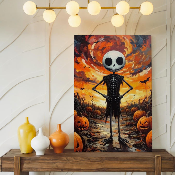 Confident Skeleton in Pumpkin Patch Canvas – Whimsical Halloween Fantasy Art - Gifitto