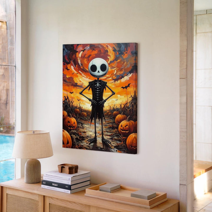 Confident Skeleton in Pumpkin Patch Canvas – Whimsical Halloween Fantasy Art - Gifitto