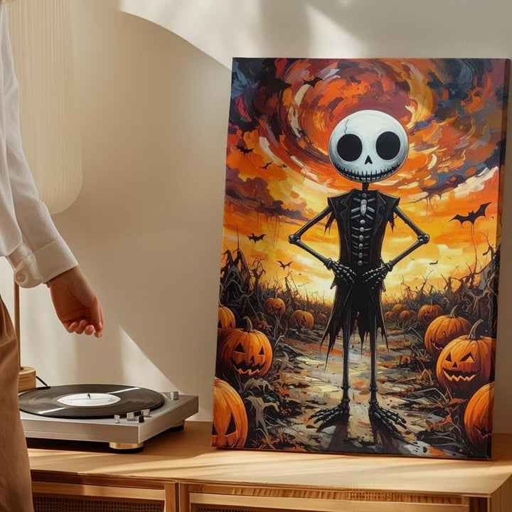Confident Skeleton in Pumpkin Patch Canvas – Whimsical Halloween Fantasy Art - Gifitto