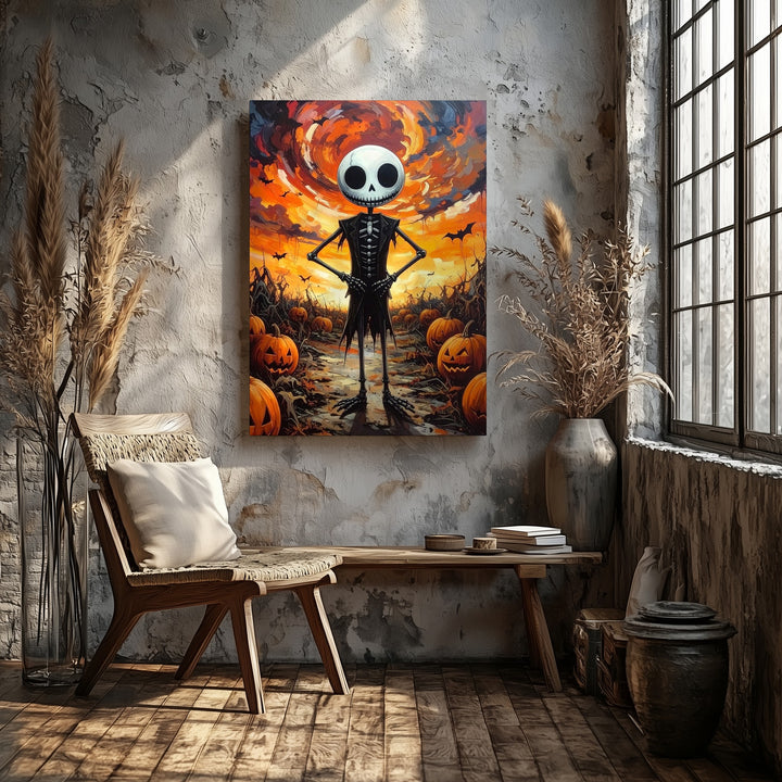 Confident Skeleton in Pumpkin Patch Canvas – Whimsical Halloween Fantasy Art - Gifitto
