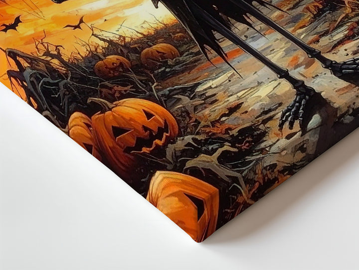 Confident Skeleton in Pumpkin Patch Canvas – Whimsical Halloween Fantasy Art - Gifitto