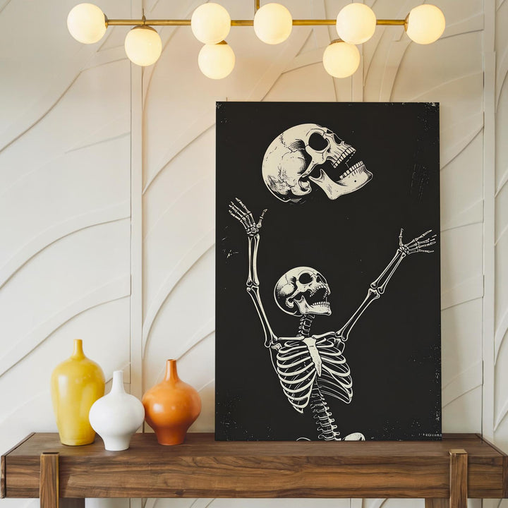 Playful Skeleton Dance Canvas – Cartoonish Halloween Celebration Wall Art - Gifitto