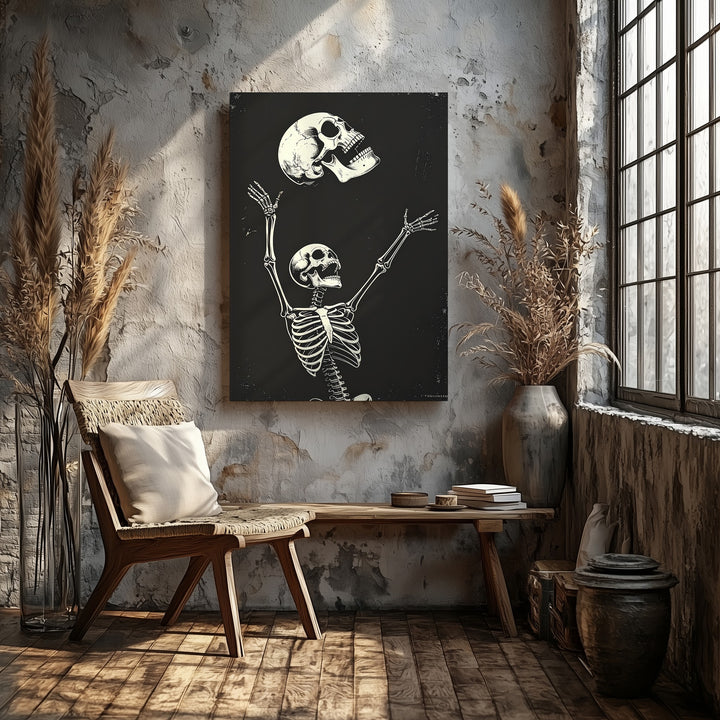 Playful Skeleton Dance Canvas – Cartoonish Halloween Celebration Wall Art - Gifitto
