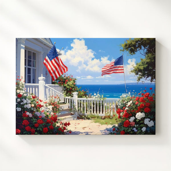 Seaside Porch with Flags Canvas – Patriotic Coastal Garden Wall Art - Gifitto