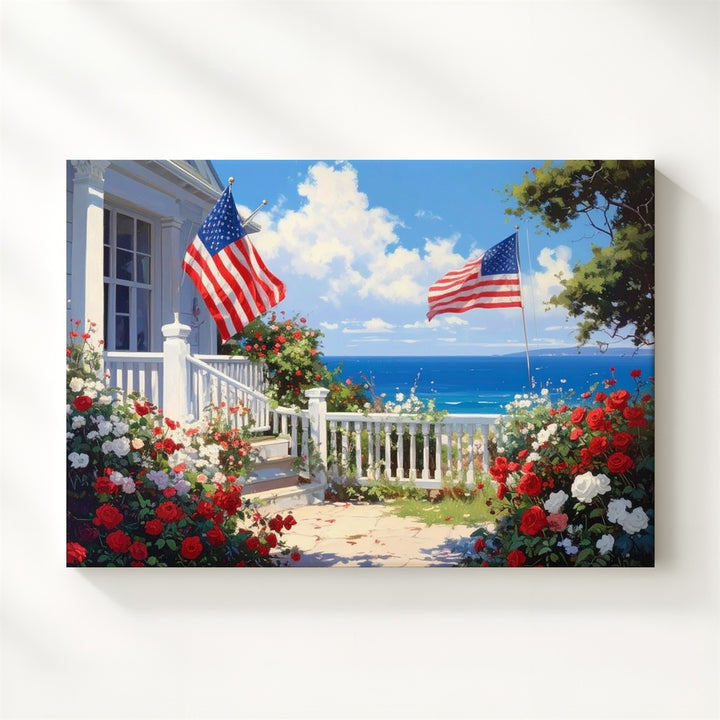 Seaside Porch with Flags Canvas – Patriotic Coastal Garden Wall Art - Gifitto