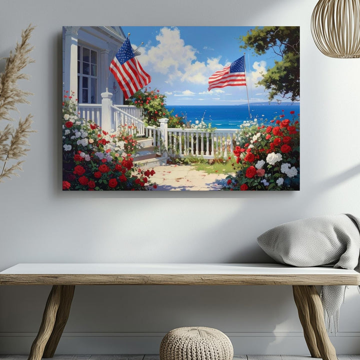 Seaside Porch with Flags Canvas – Patriotic Coastal Garden Wall Art - Gifitto