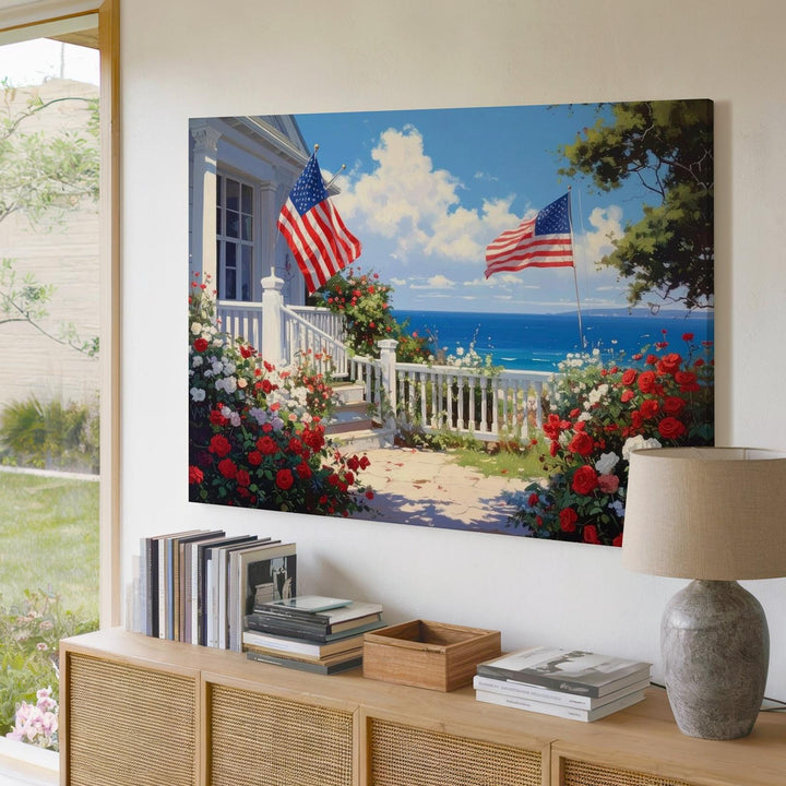 Seaside Porch with Flags Canvas – Patriotic Coastal Garden Wall Art - Gifitto