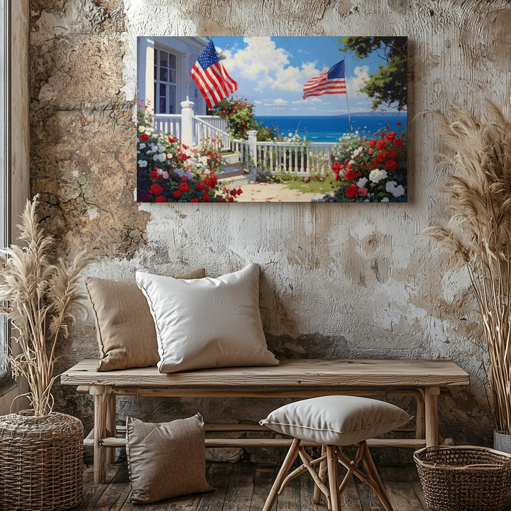 Seaside Porch with Flags Canvas – Patriotic Coastal Garden Wall Art - Gifitto