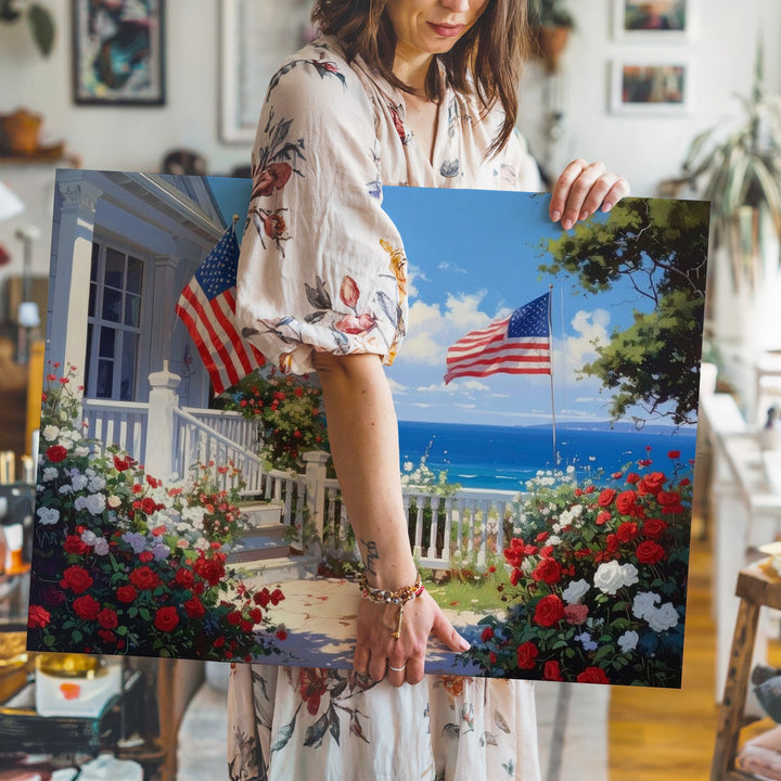 Seaside Porch with Flags Canvas – Patriotic Coastal Garden Wall Art - Gifitto
