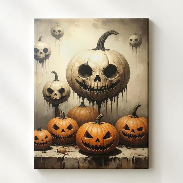 Surreal Pumpkin Lineup Canvas – Grotesque Jack-O'-Lantern Faces with Vintage Flair - Gifitto