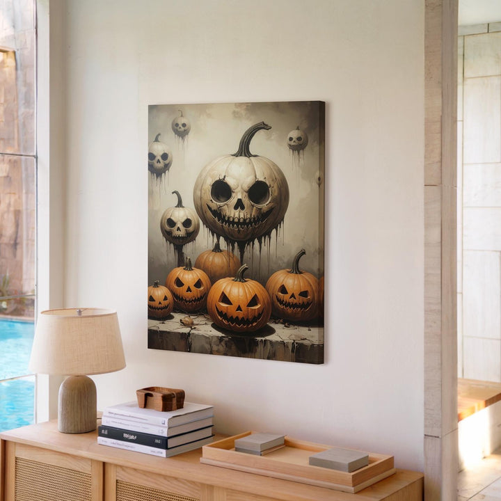 Surreal Pumpkin Lineup Canvas – Grotesque Jack-O'-Lantern Faces with Vintage Flair - Gifitto