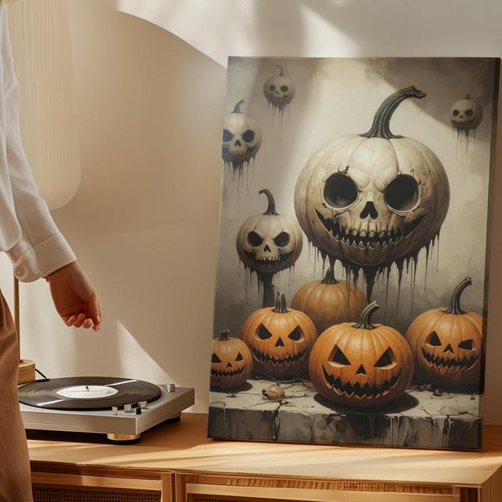 Surreal Pumpkin Lineup Canvas – Grotesque Jack-O'-Lantern Faces with Vintage Flair - Gifitto