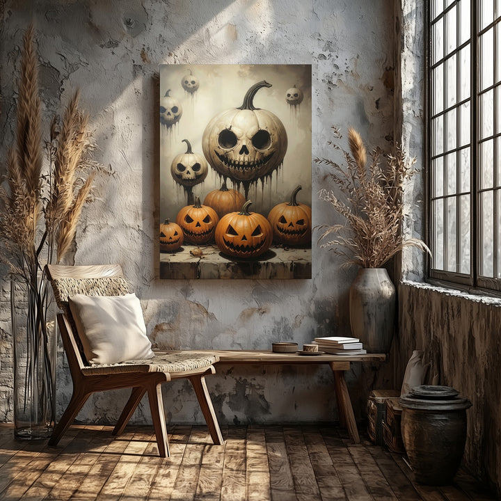 Surreal Pumpkin Lineup Canvas – Grotesque Jack-O'-Lantern Faces with Vintage Flair - Gifitto