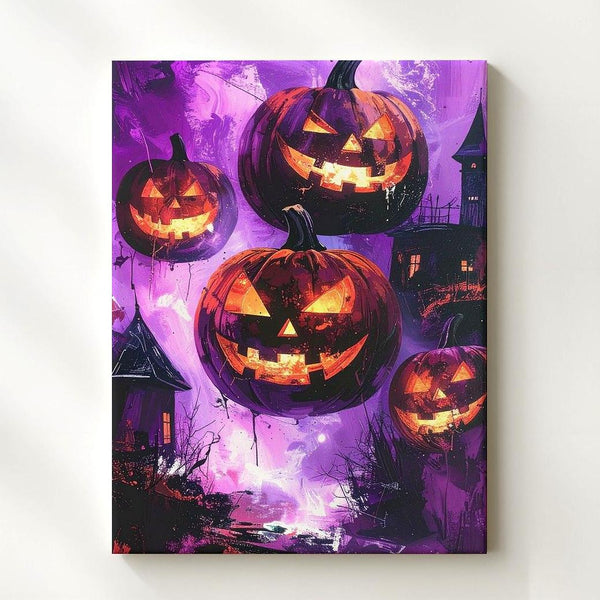 Floating Jack-O’-Lanterns Canvas – Surreal Violet Mist Halloween Dreamscape - Gifitto