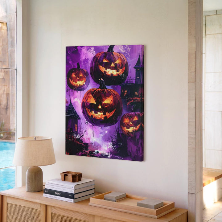 Floating Jack-O’-Lanterns Canvas – Surreal Violet Mist Halloween Dreamscape - Gifitto