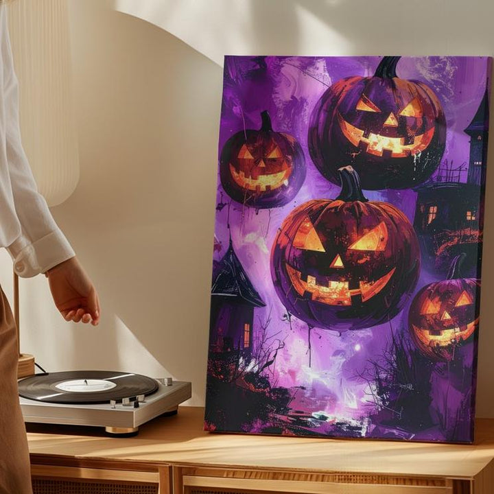 Floating Jack-O’-Lanterns Canvas – Surreal Violet Mist Halloween Dreamscape - Gifitto