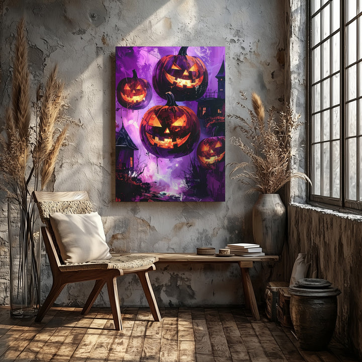 Floating Jack-O’-Lanterns Canvas – Surreal Violet Mist Halloween Dreamscape - Gifitto