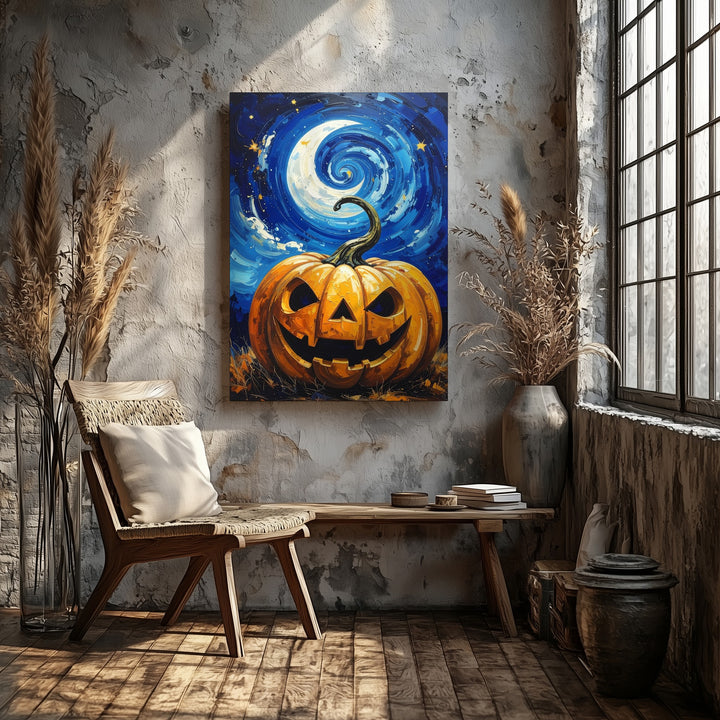 Starry Pumpkin Night Canvas – Van Gogh-Inspired Halloween Fantasy Art - Gifitto