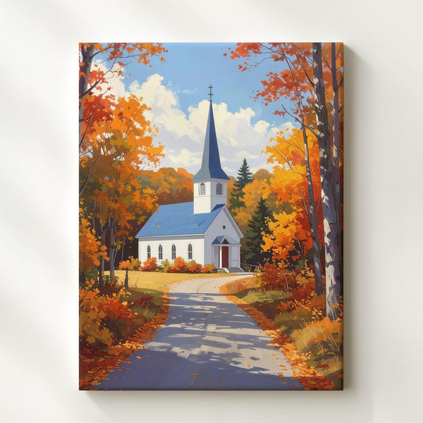 Autumn Chapel Canvas – White Country Church Amid Golden Forest Path - Gifitto