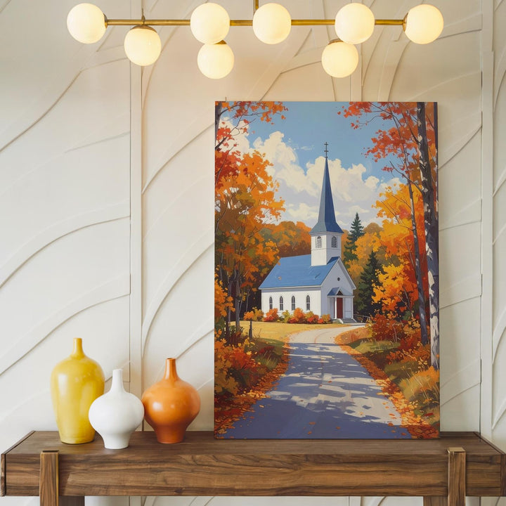 Autumn Chapel Canvas – White Country Church Amid Golden Forest Path - Gifitto