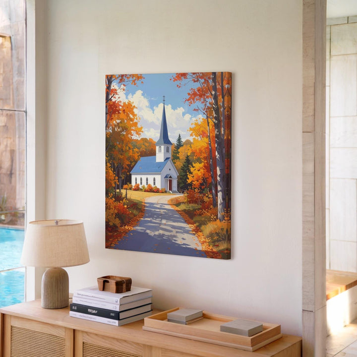 Autumn Chapel Canvas – White Country Church Amid Golden Forest Path - Gifitto